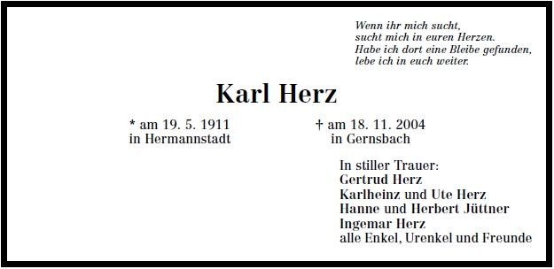 Herz Karl 1911-2004 Todesanzeige